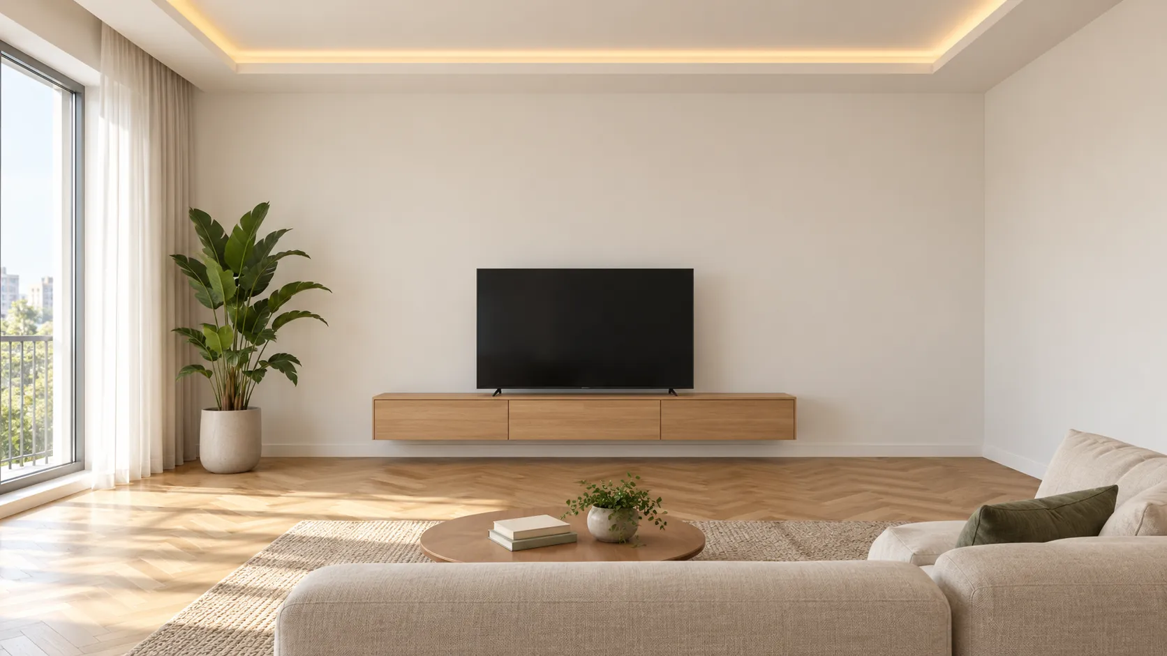 Yenilenmiş salon, gizli LED'li tavan ve balıksırtı parke